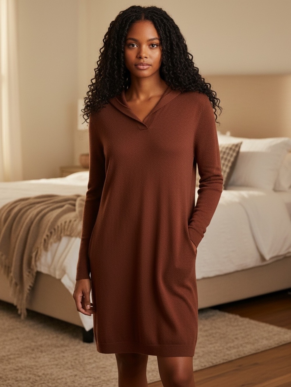 Warm Long Sleeve Hooded Sweater Dress in Brown - Picture 1 of 7